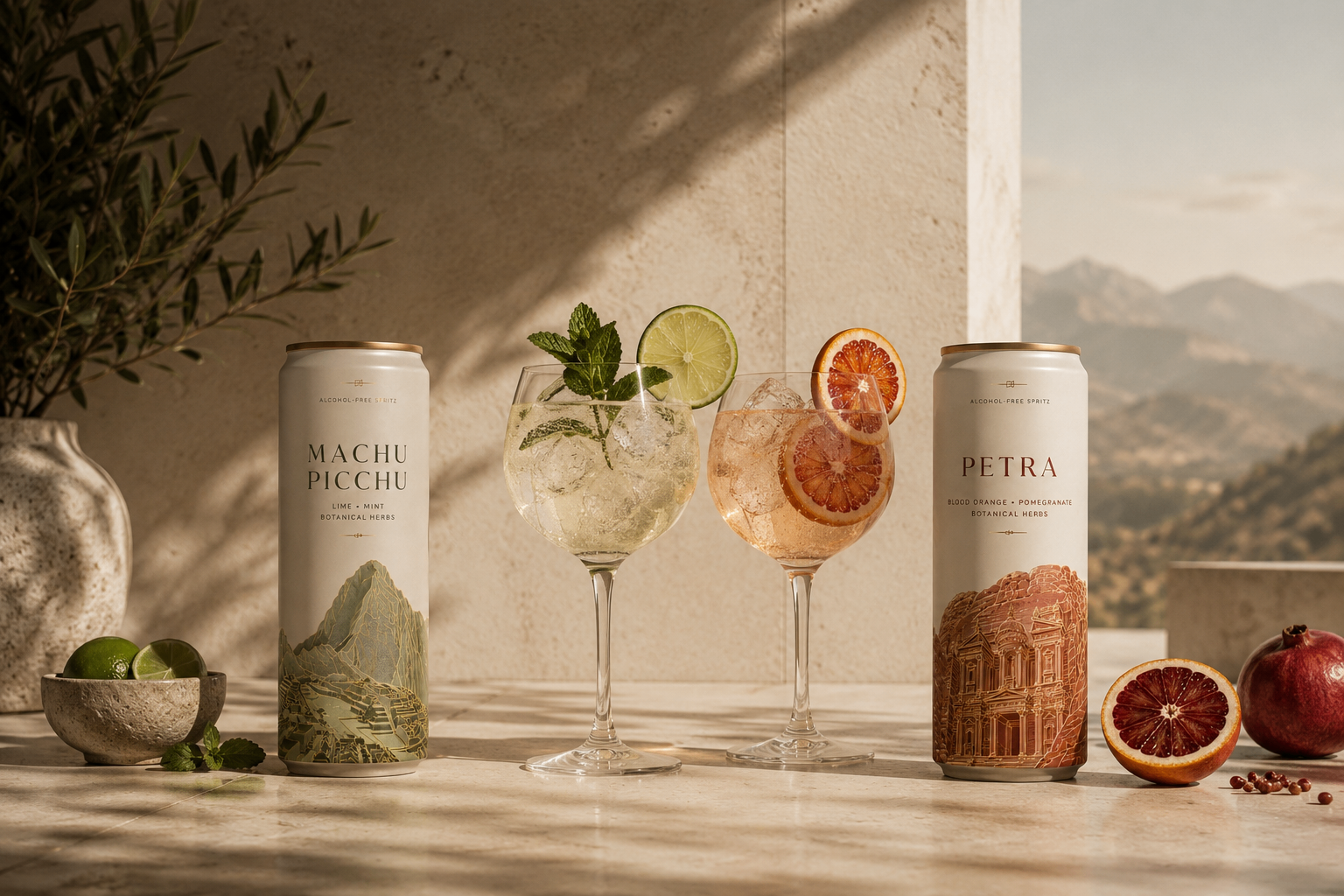 Machu Picchu and Petra editions poured on a sunlit travertine terrace